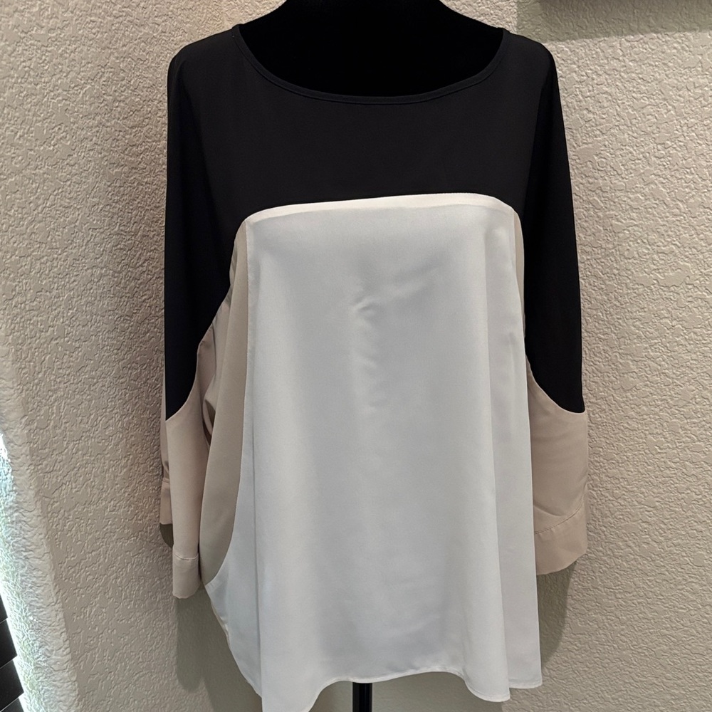 Calvin Klein Black, White, and Beige Blouse